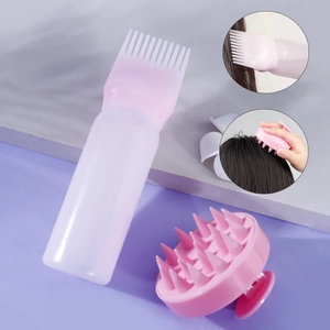 Pink hair care set with a 120ml graduated dyeing bottle and silicone scalp massage brush