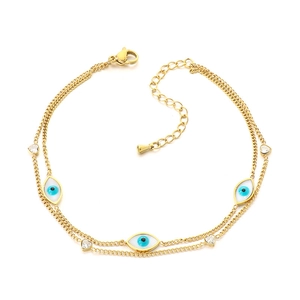 Golden double-layer anklet with blue evil eye charms and white heart-shaped stones