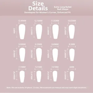 Size chart for long ballet press-on nails featuring 12 sizes with precise measurements