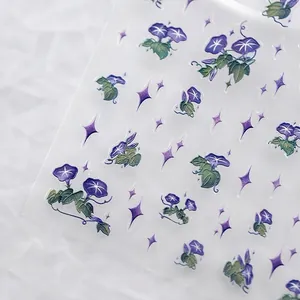 Stickers nail art 3D gaufrés avec motifs de fleurs de liseron violettes et d'étoiles