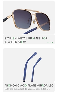 Detail of pilot square metal frame sunglasses and stylish propionic acid plate temples