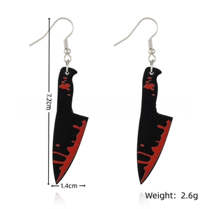 Detail view of Halloween kitchen knife earrings with blood splatters and size specifications