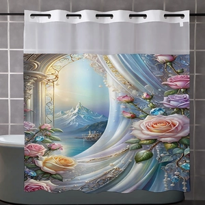 Detail view of 3D digital rose and lake print on waterproof polyester shower curtain