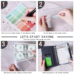 Macro detail of A6 budget binder set showing grey macaron cover and saving tutorial