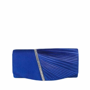 Elegant royal blue pleated evening clutch bag with sparkling rhinestone decoration