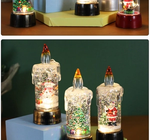 Three Christmas crystal candle lights featuring Santa, Snowman, and Tree with LED glow