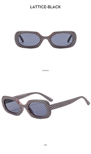 Detailed views of vintage rectangle sunglasses featuring a black and white lattice pattern