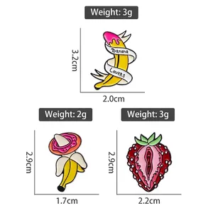 Banana and strawberry enamel pins in alloy metal with size measurements and dimensions