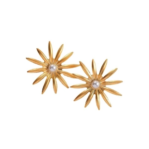 Elegant gold flower earrings with white pearl center for women in minimalist style