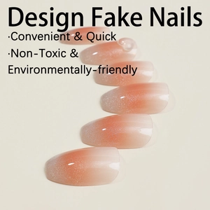 Pink gradient almond press-on nails with silver glitter finish and minimalist design