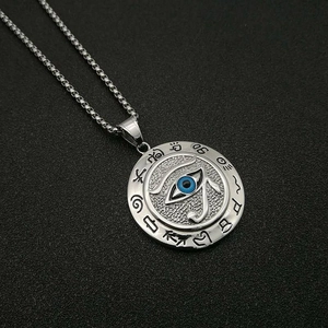 Vintage Egyptian Eye of Horus necklace in stainless steel with blue pendant and box chain