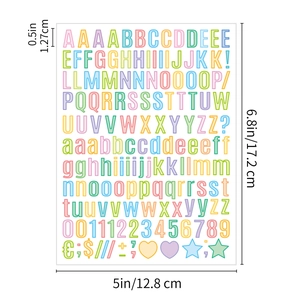 Close-up of 0.5-inch colorful alphabet and number stickers with detailed dimensions