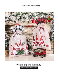 Detailed view of large linen Christmas gift sacks featuring festive gnome designs