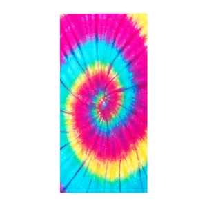 Close-up of vibrant spiral tie-dye pattern on microfiber square beach towel fabric