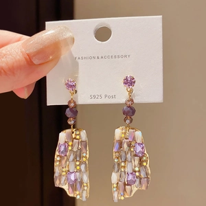 Luxury square purple crystal drop earrings with S925 silver needle and gold accents