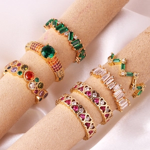 Adjustable Open Rings For Women Copper Gold Plated Colorful Zirconia Heart Emerald Cut Vintage Fashion Jewelry