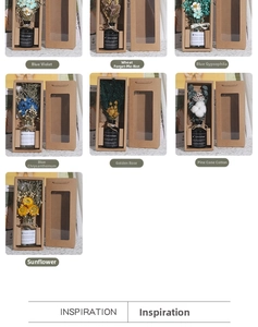 Detailed set of dried flower arrangements in dark glass apothecary bottles with kraft gift boxes