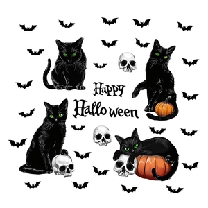 Halloween wall stickers featuring black cats, bats, pumpkins and Happy Halloween text