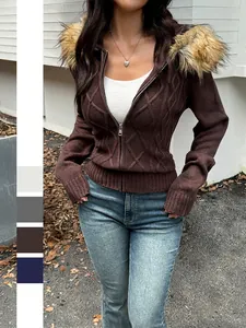 Women Long Sleeve Cable Knit Sweater Coat With Faux Fur Trim Hood Zipper Casual Solid Color Slim Fit Cardigan Jacket