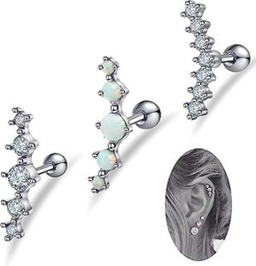 Detailed view of silver stainless steel ear studs set with opal and cubic zirconia stones