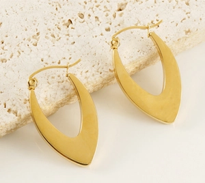 Macro detail of polished 18K gold plated stainless steel U-shaped geometric earrings