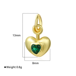 18k gold plated 3D heart pendant with green zircon gemstone 13mm for jewelry making