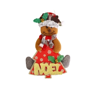 Christmas reindeer tree plush hanging ornament with gold Noel lettering on red fabric