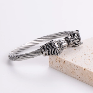 Men's punk cable twist bracelet featuring dual tiger heads in antique silver finish