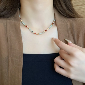 Ethnic style natural stone beaded necklace with multi-color crystals for women