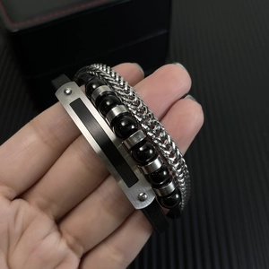 Men's multi-layer bracelet set with stainless steel cuban link, leather band and black beads