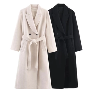 Women's long double-breasted blended wool coat with waist belt in beige and black