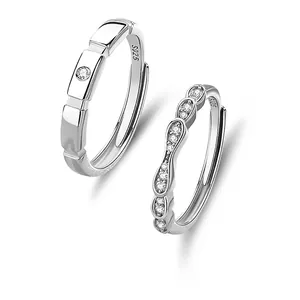 925 Sterling Silver Couple Rings Cubic Zirconia Adjustable Open Geometric Wavy Minimalist Jewelry Lovers Gift