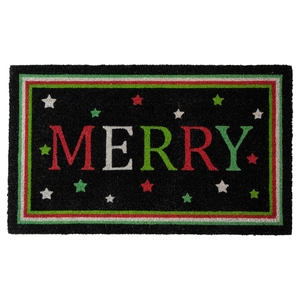 Macro detail of Merry Christmas door mat made of durable coir with festive star patterns