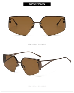 Detail view of brown semi-rimless geometric sunglasses with hollow triangle metal temples