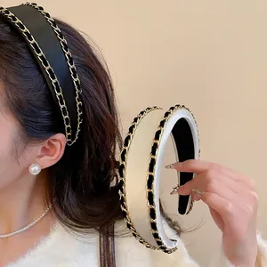 Padded Headband With Woven Metal Chain Cloth Satin Retro High Top Hair Band For Women Elegant Hair Accessories