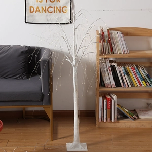 Realistic white LED birch tree lamp with warm yellow lights and square base for home decor