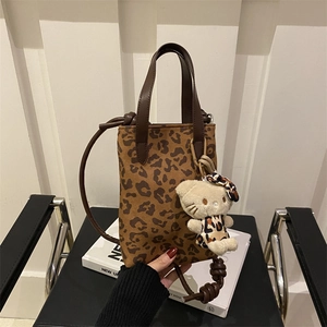 Mini Leopard Print Bucket Bag Suede Texture Knotted Shoulder Strap Crossbody Handbag For Women