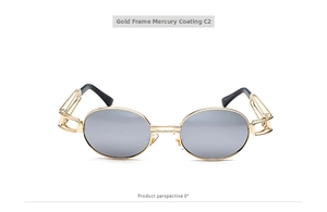 Detail view of steampunk oval sunglasses with gold metal frame and silver mirror lenses