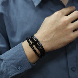 Men's multi-layer black leather bracelet set with cross charm and obsidian beads