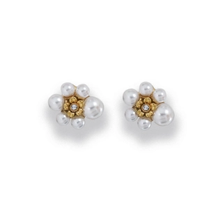 Elegant gold flower stud earrings with white pearls and sparkling zircon accents