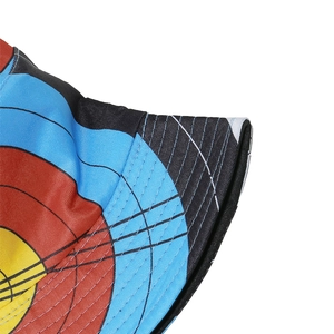 Close-up of target pattern print and neat parallel stitching on a bucket hat brim