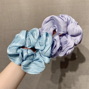 Set of two large glossy satin hair scrunchies in light blue and lavender colors