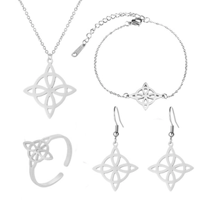 Silver Celtic witch knot jewelry set including necklace, bracelet, ring and earrings