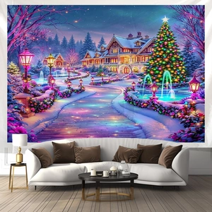 Christmas Tapestry Wall Hanging Polyester Snowy Night Village Advent Calendar Decor For Living Room Bedroom Large Festive Backdrop