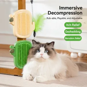 Cactus Shape Cat Self Groomer Wall Corner Massage Brush Toy With Catnip Ball And Feather Teaser PP For Indoor Cats