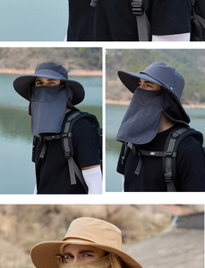 Détail du chapeau de soleil extérieur avec masque en maille et protection de la nuque