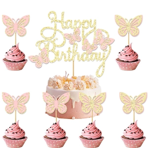 Glittery Happy Birthday cake topper set with purple butterfly decorations for parties