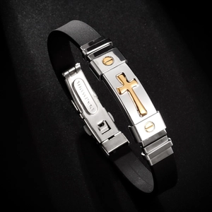Men's black silicone bracelet with silver stainless steel plate and gold cross inlay