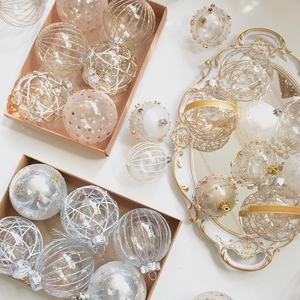 Champagne Lace Mesh Christmas Ball Ornaments Transparent Glitter Artificial Pearl Sparkly Tree Hanging Decorations Elegant Festive Holiday Decor
