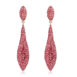 Close-up of pink crystal teardrop earrings with luxury rose gold metal plating